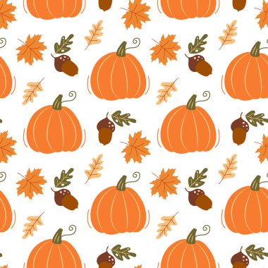 Sonbahar yaprakları, balkabağı ve meşe palamudu. Kusursuz desen. Web sayfası arkaplan dolgusu, yüzey dokusu için kullanılabilir