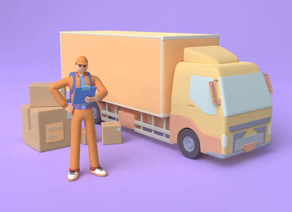 Concept of online delivery of goods. Courier with boxes and delivery truck. 3d rendering