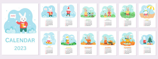 Calendar 2023 template with cute rabbit. Design of calendar with a symbol of the new year. 12 months and four seasons. Vector illustration