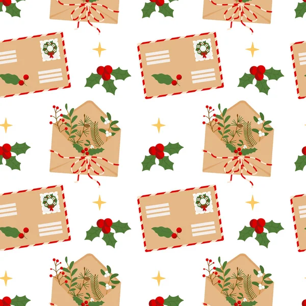 切手とロープで縛られた枝でクリスマスの封筒 シームレスなパターン Webページの背景色 表面のテクスチャに使用できます — ストックベクタ