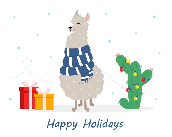 Linda Llama Alpaca Una Bufanda Con Regalos Navidad Cactus Tema — Vector de stock