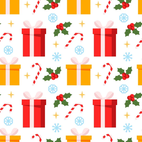 白い背景にギフトボックス お菓子や雪の結晶 クリスマス 冬の休日のためのシームレスなパターン ギフト包装紙 テキスタイルの背景 — ストックベクタ
