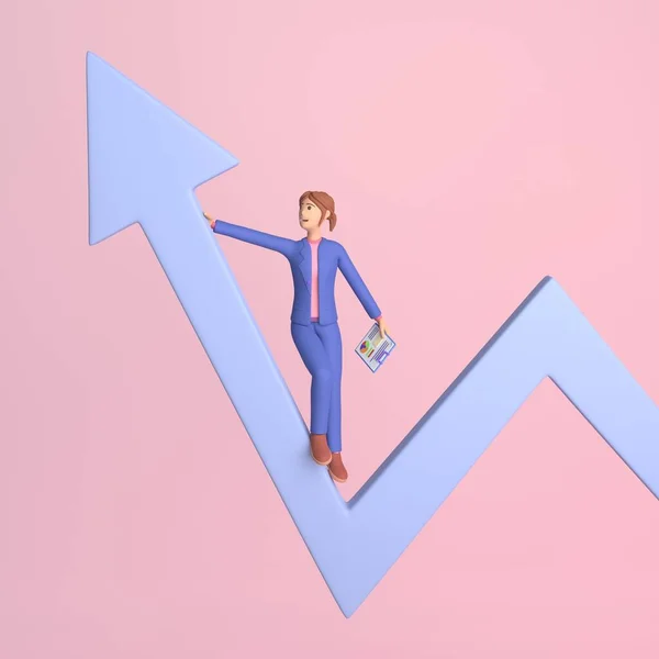Business vision and target, business woman standing on blue arrow up, to career success. Business concept, achievement, character, leader. 3d rendering