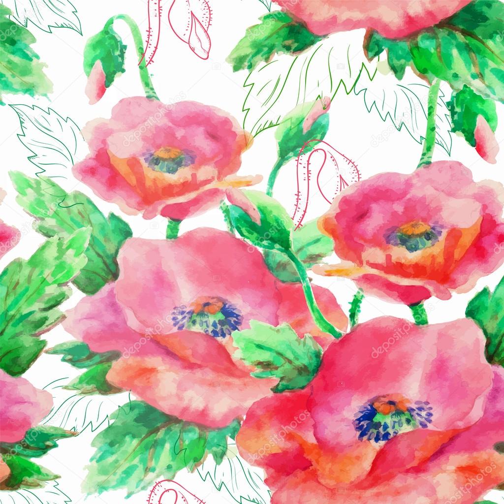 Watercolour seamless pattern with poppy flowers
