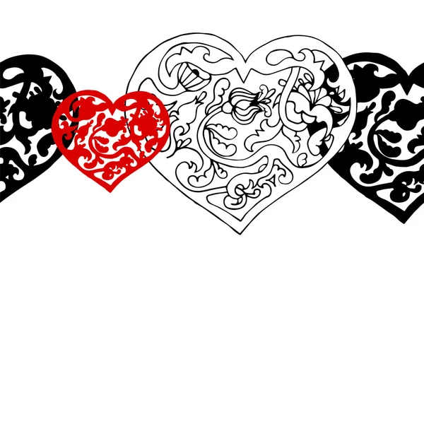 Patrón de borde corazones ornamentales blanco y negro — Vector de stock