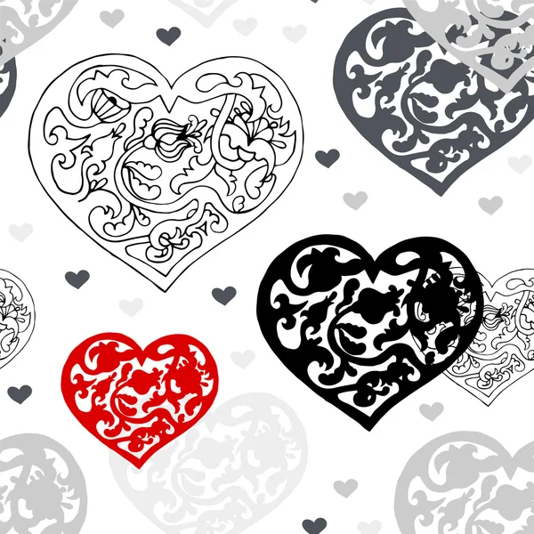 Patrón de corazones ornamentales blanco y negro — Vector de stock