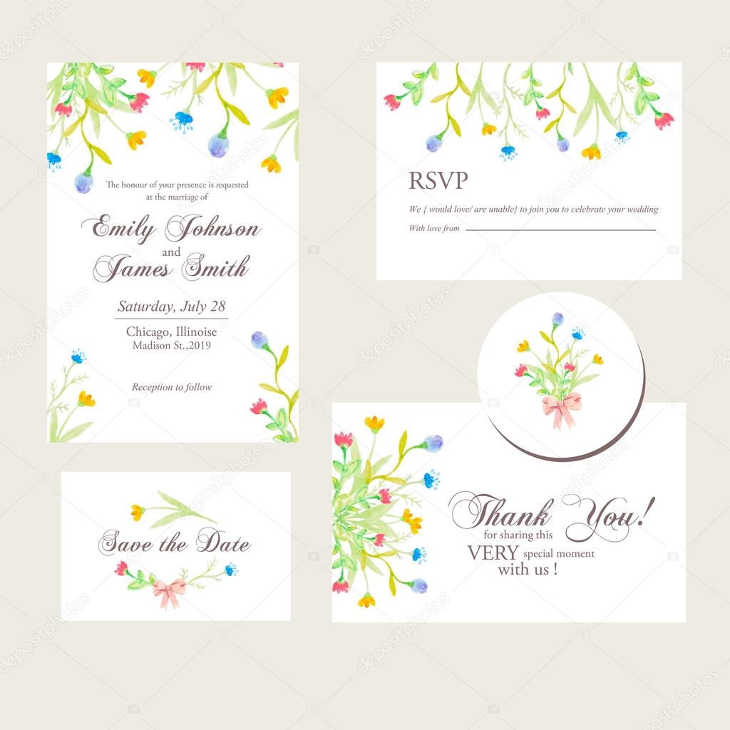 Watercolor flowers wedding invitations set