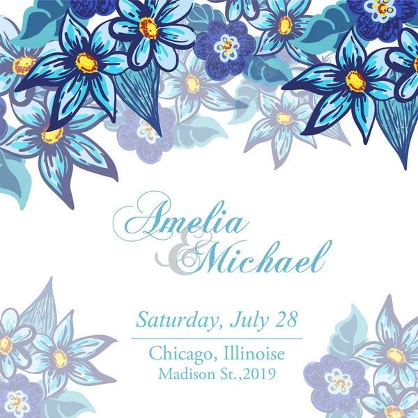 Tarjeta de invitación de boda con flores azules — Vector de stock