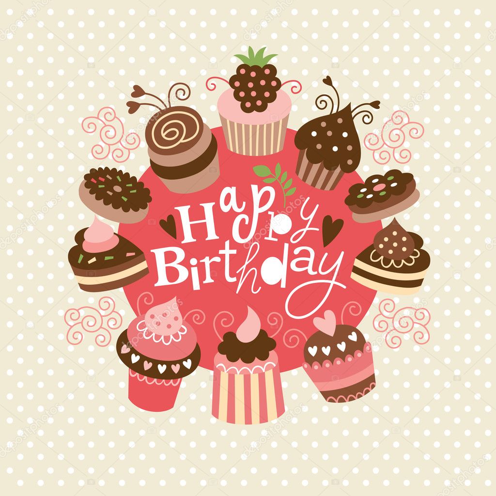 Greeting birthday card with cute little cakes