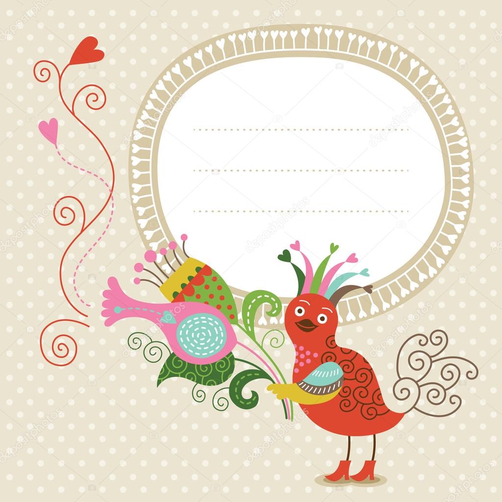 Greeting card, cute bird with flowers