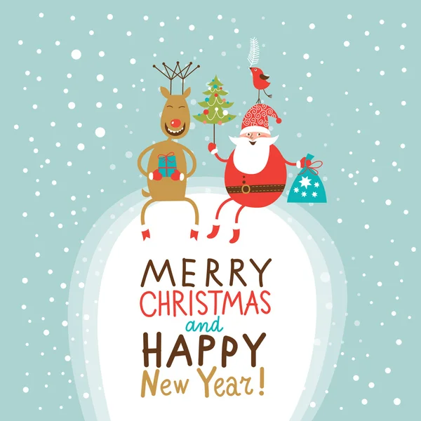 Noel ve yılbaşı tebrik kartı, Noel Baba hediye çanta ve Noel ağacı ve komik geyik