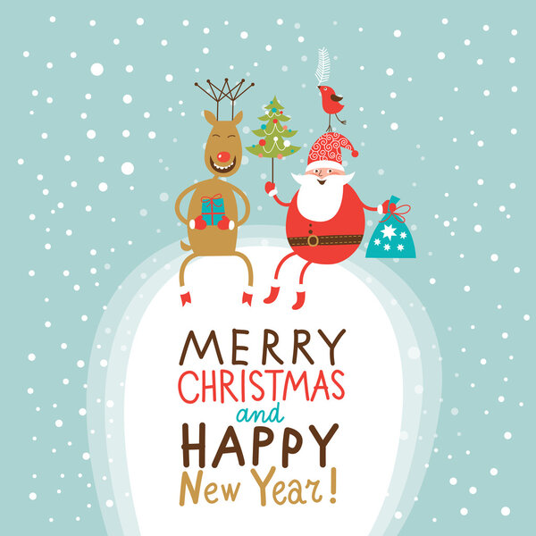 Christmas and New Year Greeting card, Santa Claus with gifts bag and Christmas tree and funny Deer