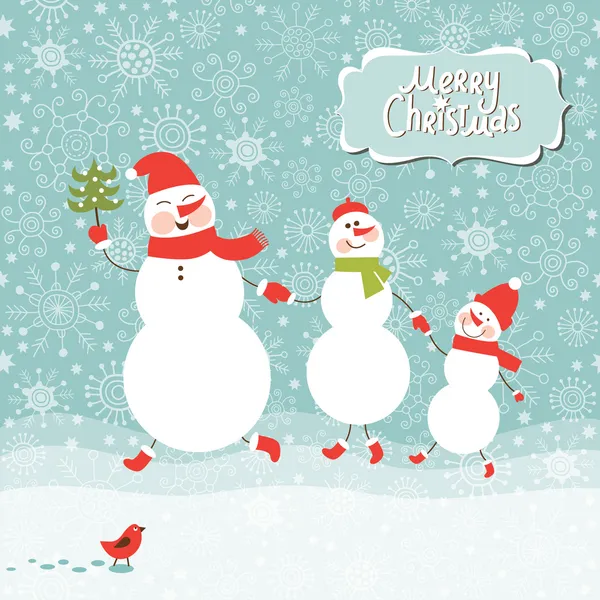 グリーティング カード クリスマス雪だるまの家族 — ストックベクタ