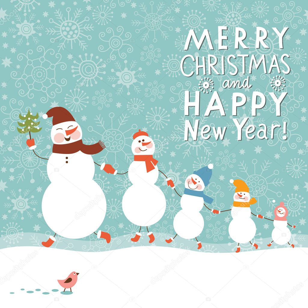 Family of snowmen, greeting Christmas card