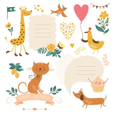 Set of animals illustrations and graphic elements for invitation cards clipart