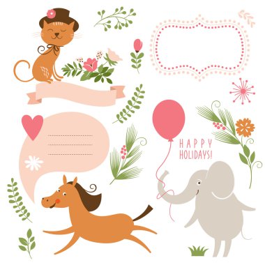 Set of animals illustrations and graphic elements for invitation cards