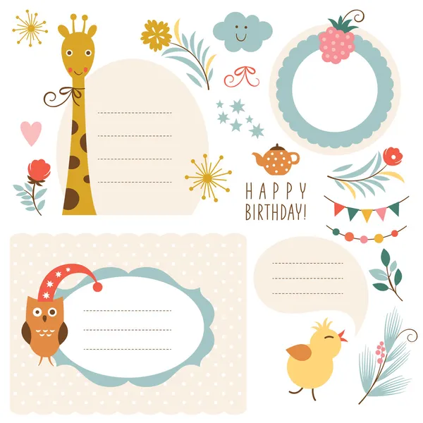 Ensemble d'illustrations animalières et d'éléments graphiques pour cartes d'invitation — Image vectorielle