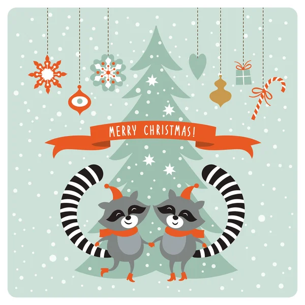 Χριστουγεννιάτικη κάρτα με δύο ρακούν — Διανυσματικό Αρχείο