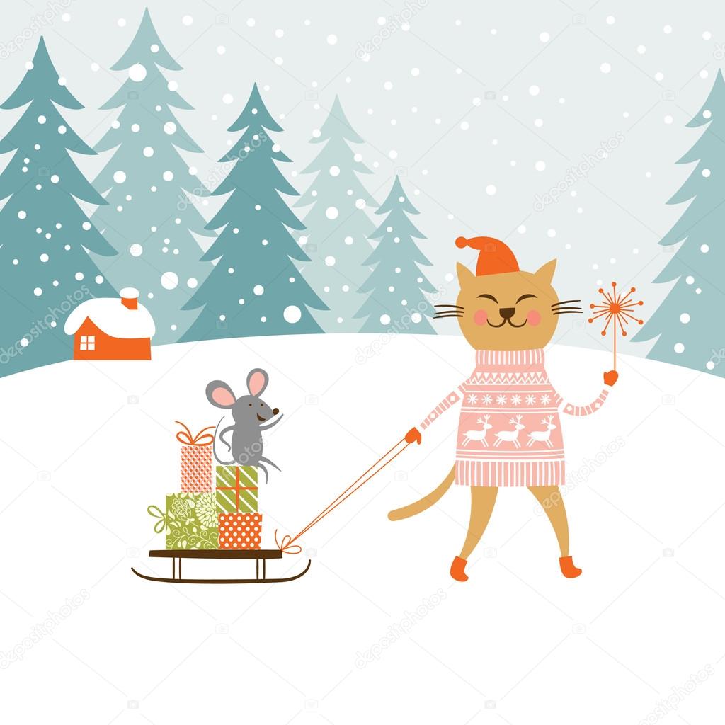 Cute kitty carries the sledge with gifts and little mouse