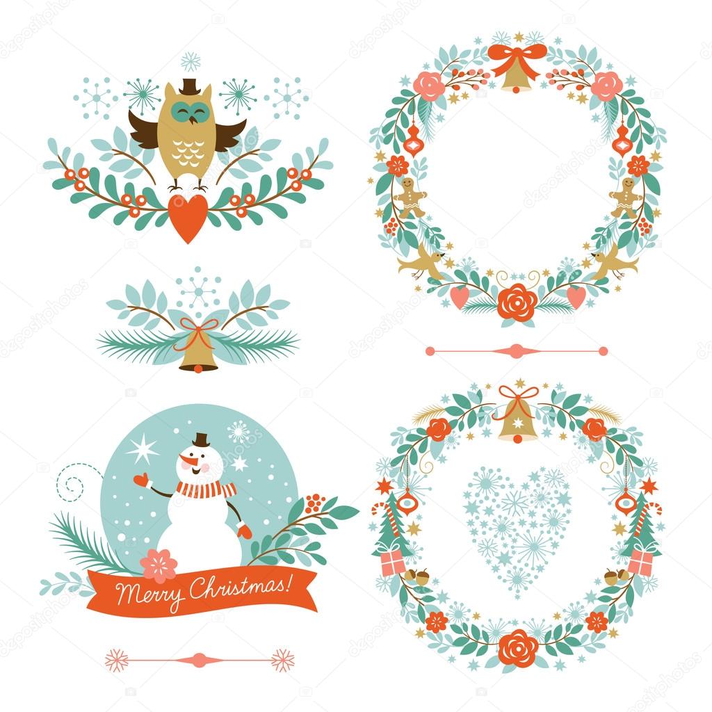 Set of Christmas wreaths, frames ,holiday symbols