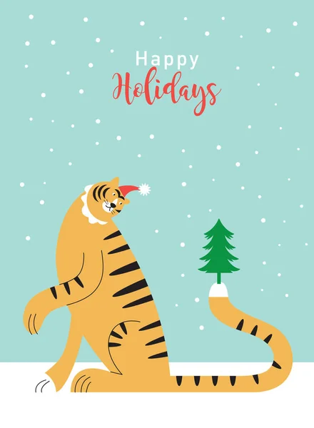 Καλά Χριστούγεννα Κάρτα Χαριτωμένο Τίγρη Και Σάντα Καπέλο — Διανυσματικό Αρχείο