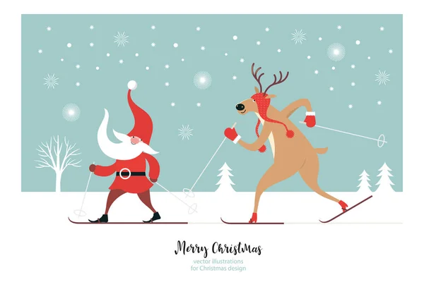 Biglietto Natale Con Babbo Natale Cervi Illustrazione Vettoriale — Vettoriale Stock