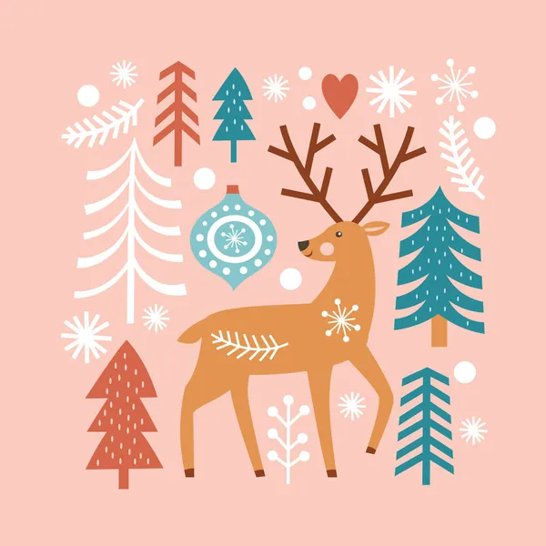 Weihnachtskarte Mit Hirschen Bäumen Und Schnee — Stockvektor