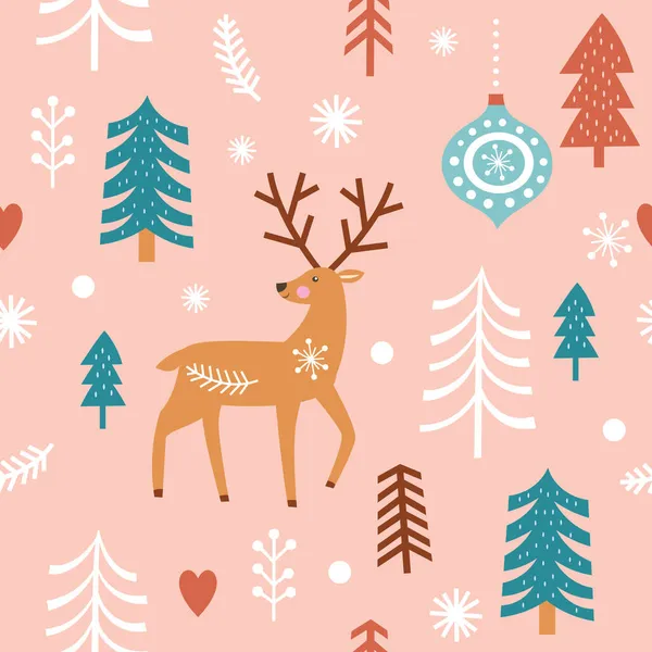 Julkort Med Rådjur Träd Gran Kottar Vektor Bakgrund — Stock vektor
