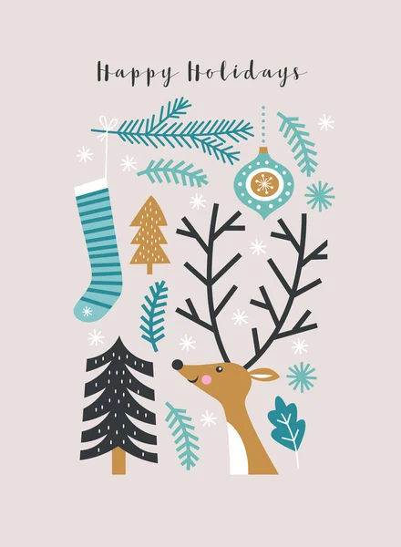 带有可爱鹿群的圣诞贺卡 矢量插图 — 图库矢量图片