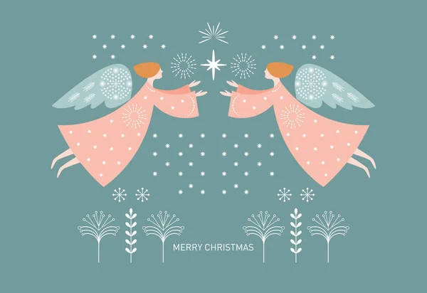 Милая Векторная Иллюстрация Рождественской Открытки Птицами Снежинками Звездами Облаками Снежинками — стоковый вектор