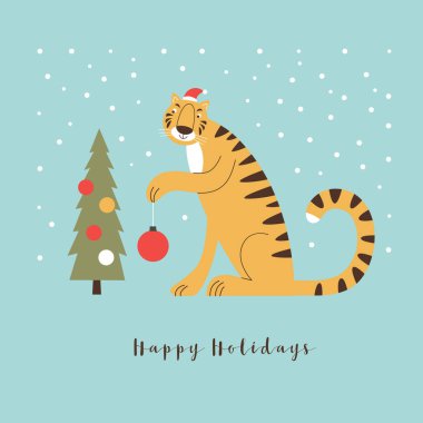Kaplan Yılı. Yeni yıl kartı. Noel Baba şapkalı, kırmızı şapkalı kaplan ve Noel ağacı.