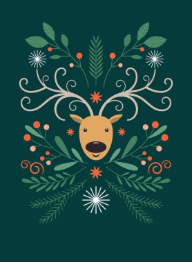 Noel kartı. Yılbaşı dallarıyla geyik. Noel ve Yeni Yıl illüstrasyonu