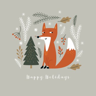 Noel kartı. Şirin tilki, köknar ağacı ve dallar.