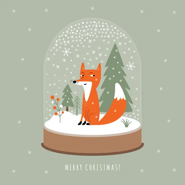 かわいいキツネとクリスマス雪のグローブのベクトルイラスト — ストックベクタ