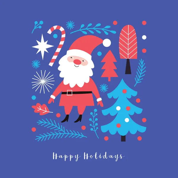 Ilustración Navidad Linda Santa Árboles Navidad Ramas Abeto Copos Nieve — Vector de stock