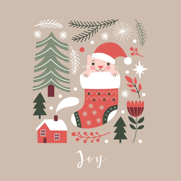 Lindo Gato Navidad Media — Vector de stock