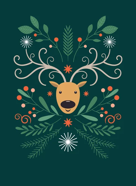 Kerstkaart Herten Met Kerst Takken Kerst Nieuwjaar Illustratie — Stockvector