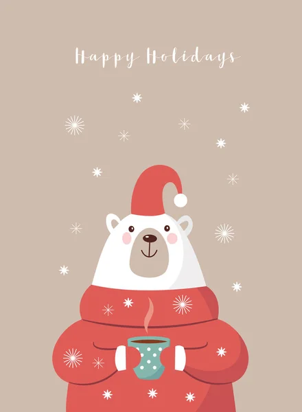 Vánoční Přání Roztomilý Bílý Medvěd Šálkem Horkého Čaje — Stockový vektor
