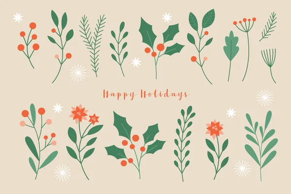 Handgezeichnete Dekorative Weihnachtselemente Zweige Und Blätter — Stockvektor