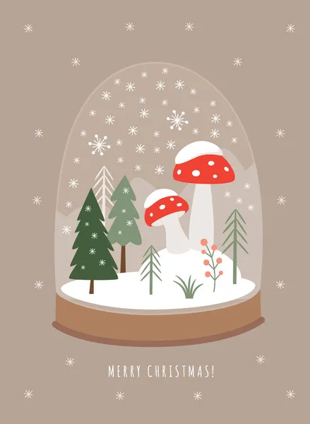 Ilustração Vetorial Globo Neve Natal Com Paisagem Inverno Cogumelos Amanita — Vetor de Stock