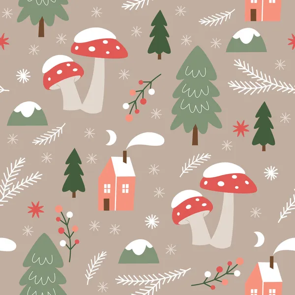 モミの木やアマニタのキノコとシームレスなクリスマスパターン — ストックベクタ