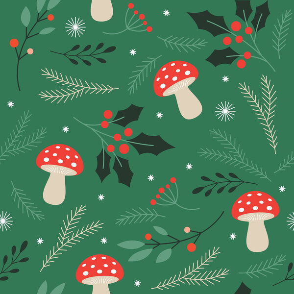 Seamless xmas pattern with fir trees and amanita mushrooms
