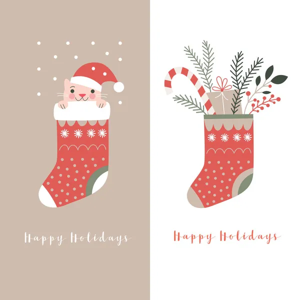 Karácsonyi Részvények Két Karácsonyi Üdvözlőlap Aranyos Macska Karácsonyi Harisnyában Stock Illusztrációk