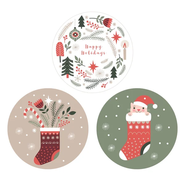 Conjunto Emblemas Navideños Pegatinas Ilustraciones Redondas Gráficos vectoriales