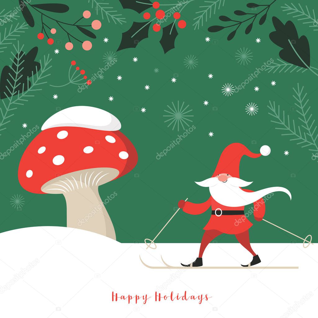 Christmas card. Xmas Gnome ski and amanita mushroom