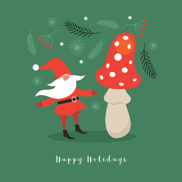 Wenskaart Kerst Gnome Vliegen Agaric Paddestoel — Stockvector