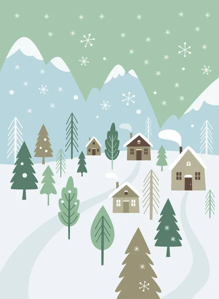 Vánoční Přání Zimní Krajina Vesnice Horách — Stockový vektor