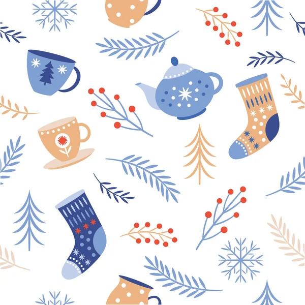 无缝隙圣诞和新年图案 热饮和保暖袜子 — 图库矢量图片