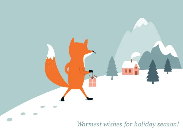 圣诞节和新年贺卡 狐狸带着礼物去了村子 — 图库矢量图片
