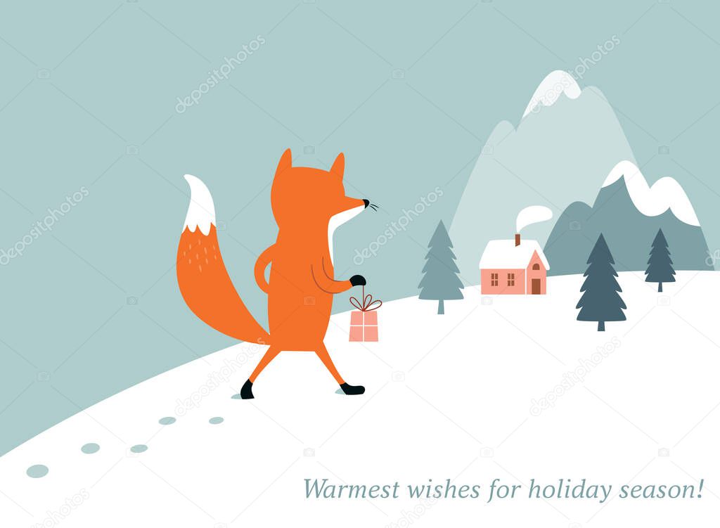 Christmas and new year card. The fox goes with gifts to village